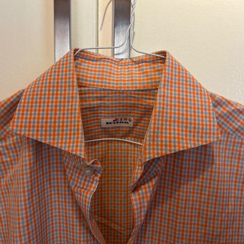 Kiton Orange Grey Spread Collar Dress Shirt 15.5
